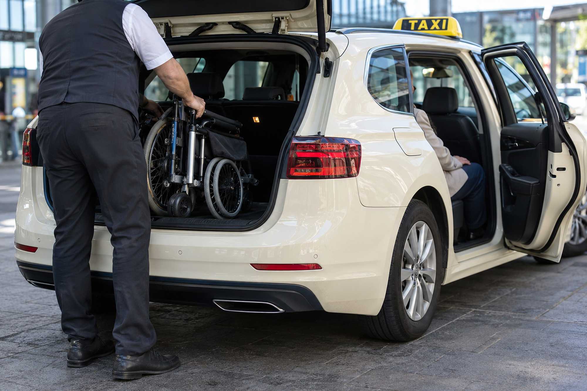 Symbolbild: Taxifahrer verlädt einen Faltrollstuhl in den Kofferraum, der Fahrgast sitzt auf dem Rücksitz